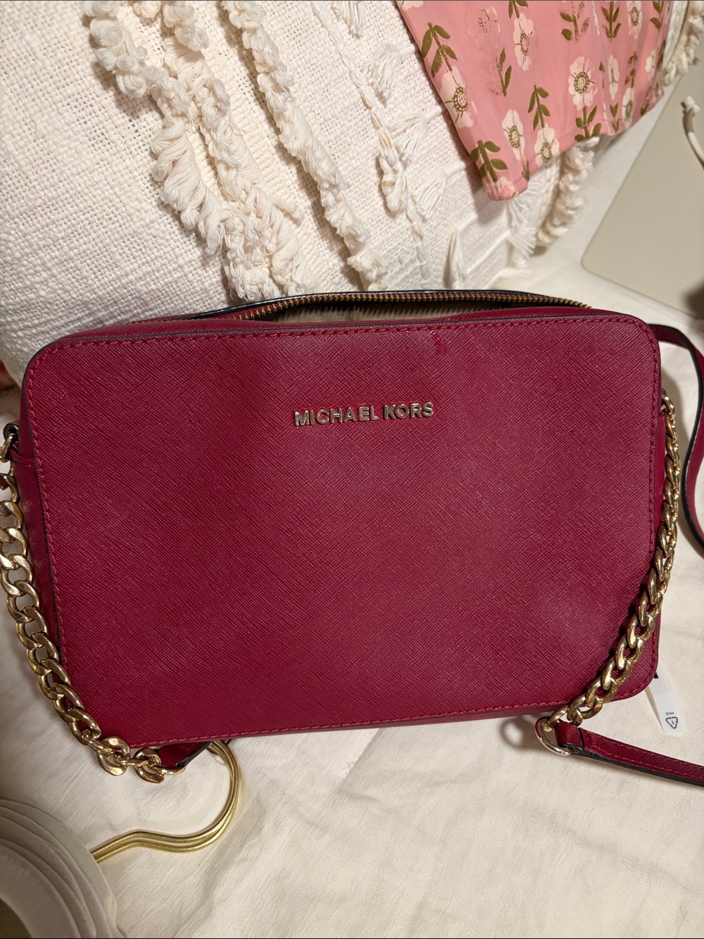 Michael Kors Red Leather Crossbody Purse with Gold Chain (Used) - Picture 11 of 11